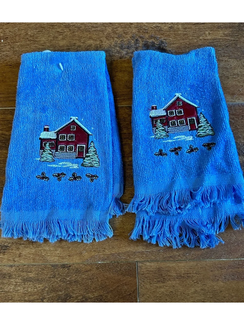 Blue Hand Towels with Red House and Tree Embroidery